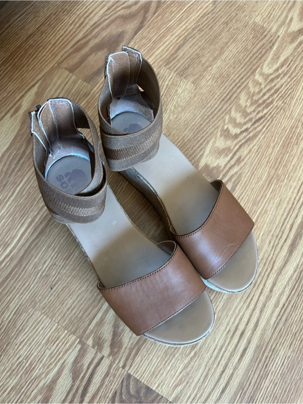 Sorel Cameron Brown Cork Wedge Sandals with Elastic Ankle Straps